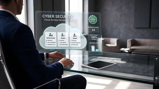 Businessman interacting with a futuristic holographic cyber security cloud access governance interface in a modern office setting
