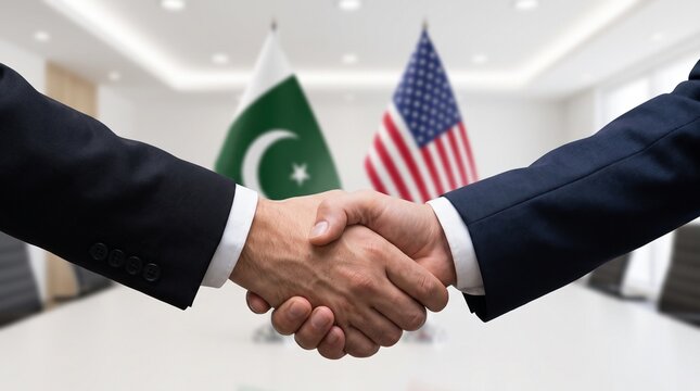 Business handshake between Pakistan and USA representatives in a formal meeting room.