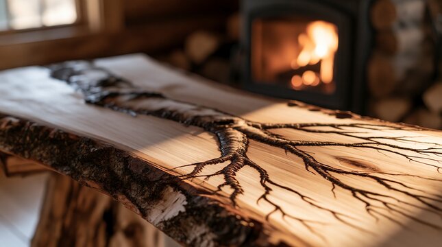 Lichtenberg wood burning art on live edge slab with cozy fireplace background