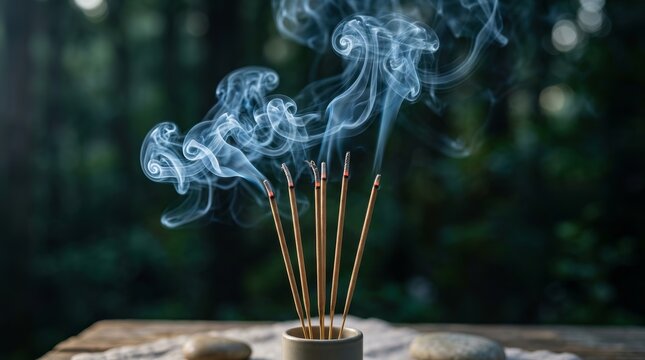 A close-up view of smoking incense sticks with ethereal blue smoke.