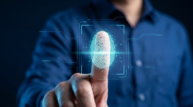 A man performs identity verification through fingerprint biometric authentication technology.