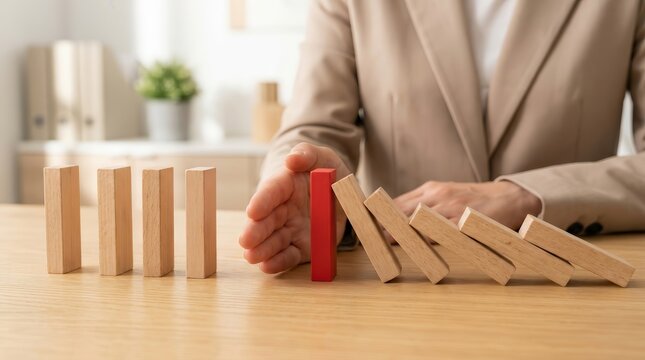 A person's hands stop falling wooden dominoes to illustrate business risk management and insurance.