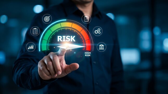 Performance evaluation and risk management analysis shown on a digital risk assessment gauge.