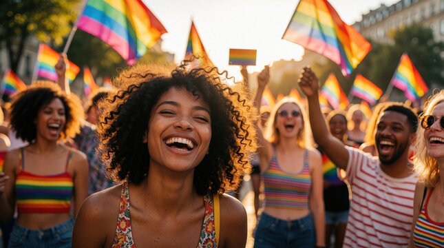 Diverse group celebrates Pride parade with rainbow flags at sunset. People march joyfully with smiles, arms raised. Community gathers for equality and acceptance at outdoor urban event.