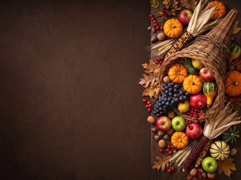 Thanksgiving cornucopia filled with autumn harvest fruits and vegetables on dark wood background, copy space