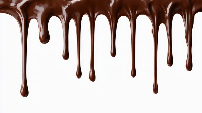Melted dark chocolate dripping down white background creates elegant food border for dessert design.