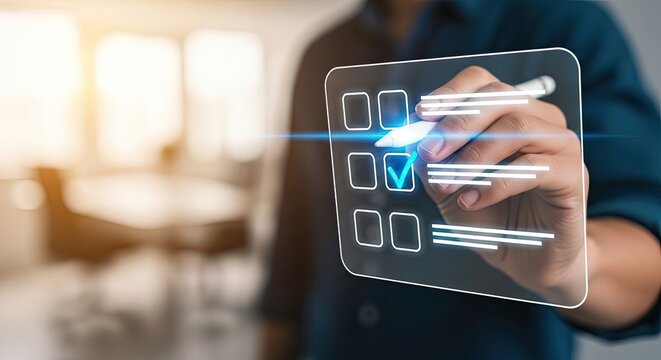 Business person interacting with a futuristic digital interface showing a checklist and data management system in office
