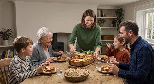 Family eating lasagna together at a wooden dining table. Multi-generational group sharing a home cooked meal. Comfort food dinner scene