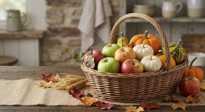 Wicker basket filled with apples and pumpkins on rustic wooden table. Autumn harvest still life with gourds, wheat and fall leaves