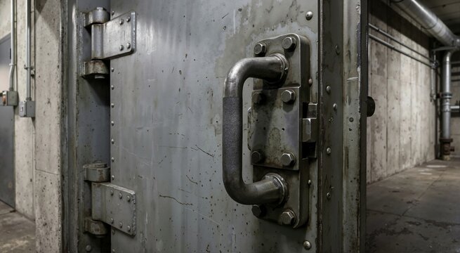 Heavy metal blast door with a large handle and thick hinges slightly ajar. Reinforced steel entrance to an underground concrete bunker or industrial fallout shelter