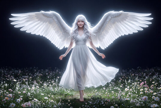 幻想的な花畑に佇む、光り輝く白い翼を持った美しい天使のポートレート