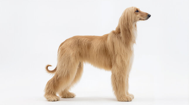 Full-Length Studio Portrait of an Elegant Golden Afghan Hound Standing Gracefully Against an Isolated White Studio Background