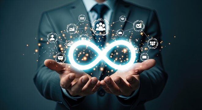 Businessman holding a glowing infinity symbol representing continuous digital transformation and endless business growth and innovation