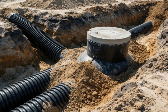 Construction of a modern wastewater system in a sandy trench, installing large diameter pipes connected to a concrete septic tank. Underground infrastructure development for sanitation and drainage.