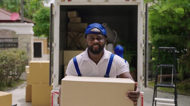 Home moving and delivery service concept. Teamwork of professional home and furniture moving with a truck from business service company. Two male movers in uniforms working and delivering to customer.