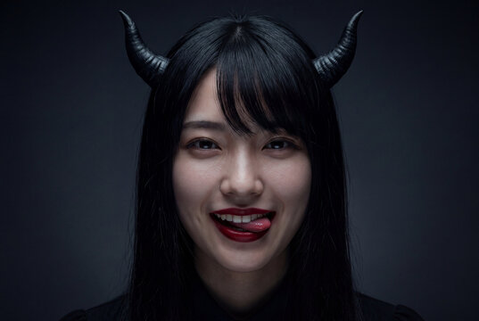 悪魔の角をつけて舌を出すイタズラな笑顔の若い女性のポートレート