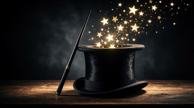Black magician top hat with magic wand on wooden table. Golden glowing stars fly out from hat in dark studio. Fantasy illusion concept with sparkles, mystical light for circus show party celebration
