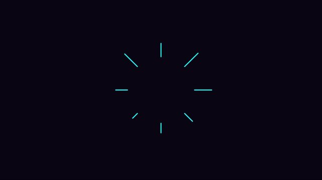 Minimalist loading spinner animation with cyan glowing lines on dark 4k background, progress indicator