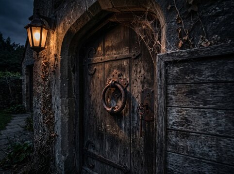Ancient Stone Doorway with Iron Ring Knocker, Key, and Lantern