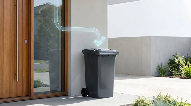 A black plastic waste bin standing outside a modern home with a surreal holographic light effect projection