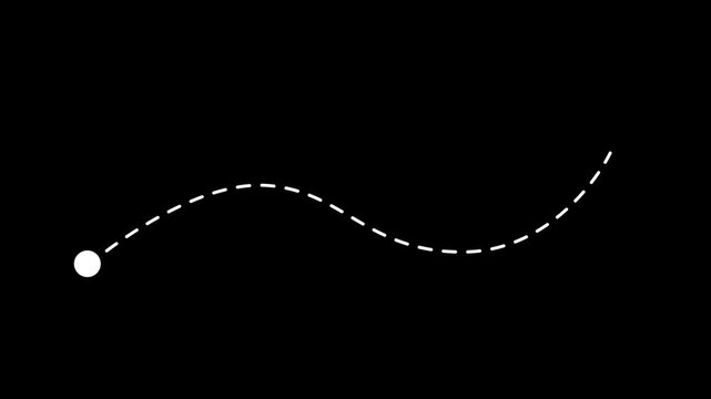 Animated dashed route line leading map pin location on black background. Navigation path with travel map pin concept. GPS and logistics icon. 