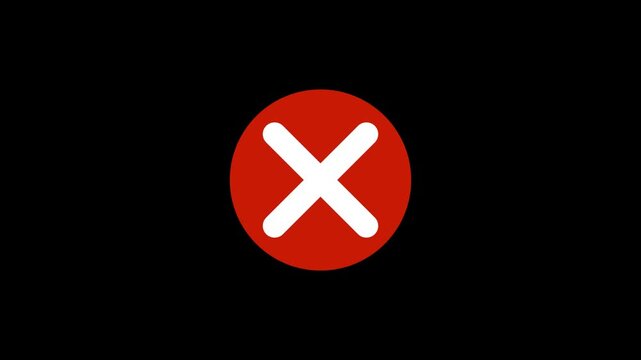 Red Cross mark animation icon on black background. X letter, crossed lines, denial concept, incorrect cross symbol animated red x mark for error. 