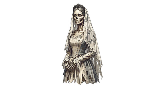 Ghostly skeletal bride in tattered lace gown with tiara stands against transparent grid background.