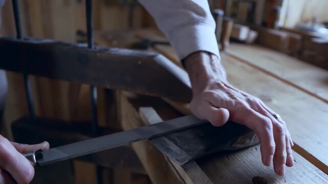 Close-up hands sharpening metal file on leather strop over worn wooden workbench, guiding pressure with fingers in workshop under warm light and soft shadows