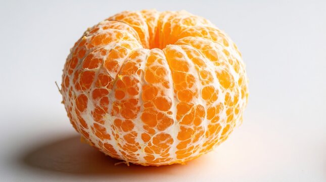 Fresh peeled orange fruit on plain white background. Close up of juicy tangerine segments with white pith texture. Healthy citrus snack shows organic details, bright color. Minimalist food