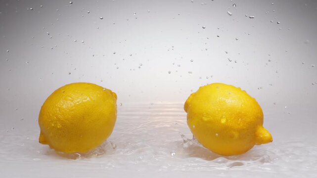 High speed slow motion of three whole lemons falling into water with explosive splashes on white. Fresh citrus food footage benefits beverage advertisements or organic product packaging as a design el