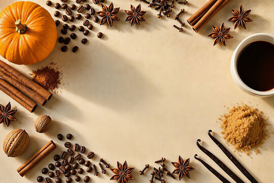 Pumpkin spice ingredients with coffee, cinnamon and autumn spices