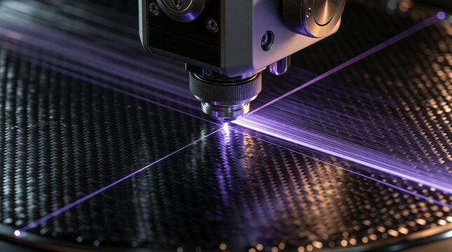 Industrial laser cutting machine engraving carbon fiber composite material in a factory.