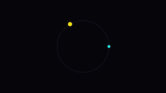 Minimalist orbit animation with rotating yellow and blue spheres on 4k black background, rotation motion abstract