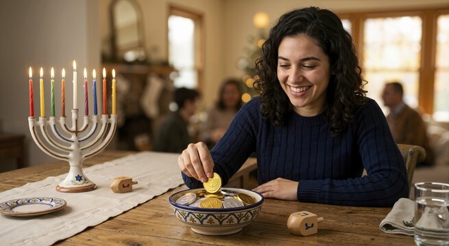 Smiling young woman holding Hanukkah gelt chocolate coins at a wooden table. Lit menorah with colorful candles and wooden dreidels. Jewish holiday celebration at home