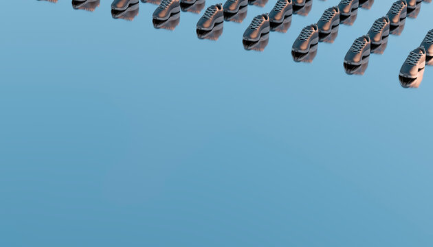 Rows of Black shoes in repetitive pattern on reflective blue surface
