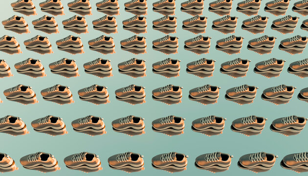 Multiple pairs of neutral-colored running shoes