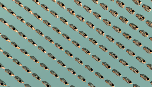 Shoes arranged in diagonal repetitive pattern on light teal background