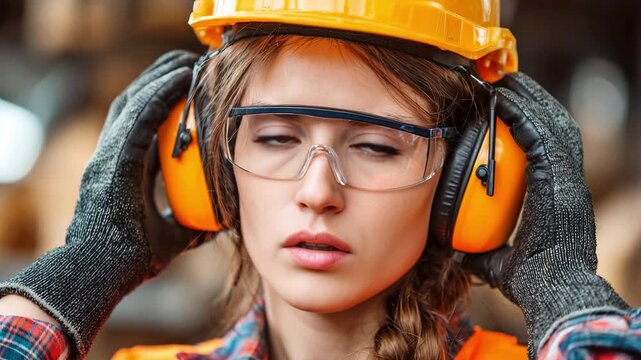 Attentive young female worker wearing safety helmet and earmuffs at work. The concept of labor protection, safety, and industrial work