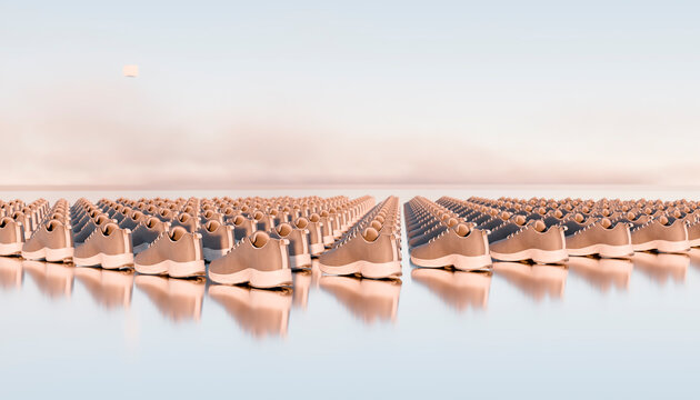 Rows of brown shoes with white soles arranged on reflective surface