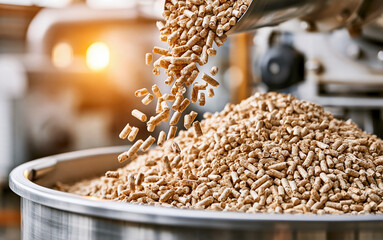 Obraz premium Wood pellets falling from industrial machine into metal container