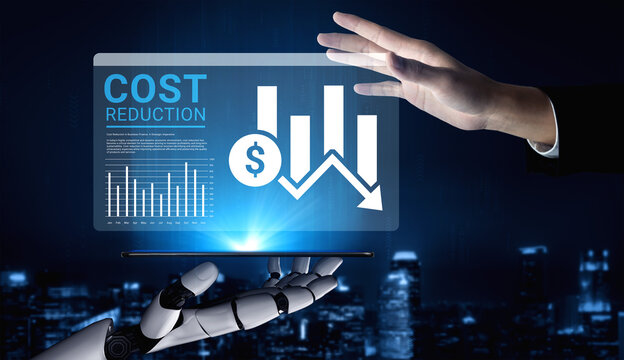 This image showcases a robotic hand interacting with a digital display that illustrates cost reduction concepts through financial charts and data analysis. Ledger