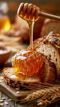 Golden honey dripping from a wooden dipper onto a honeycomb and rustic bread, with a bee perched nearby, warm natural lighting, rich amber tones.