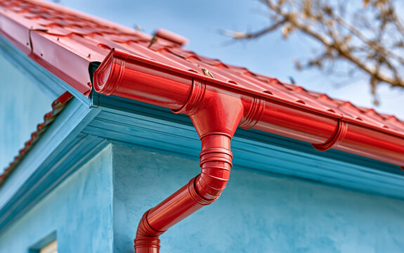 Red metal roof and gutter system with downspout under blue sky