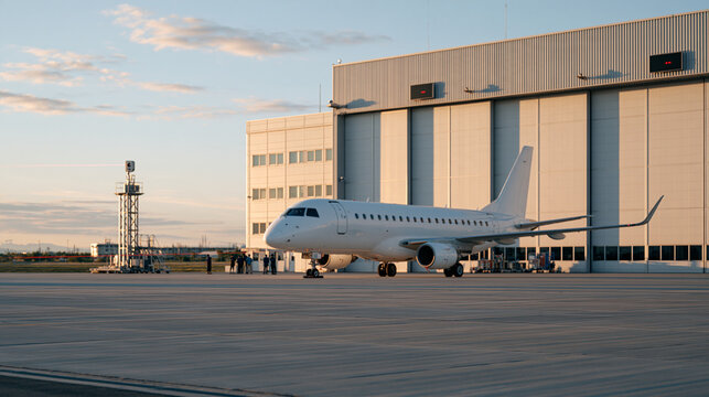 Aviation hangar scene showing ground crew using laser-based aircraft docking guidance system, sensor tower projecting invisible measurement beams toward an approaching regional