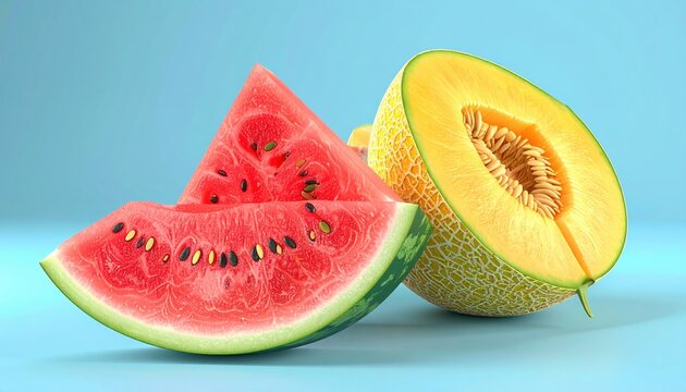 Watermelon and melon summer fruit combination 3D illustration