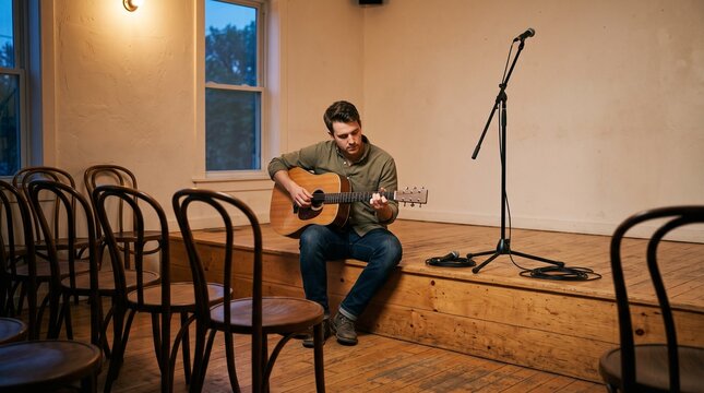Guitarist checks chords before neighborhood open mic