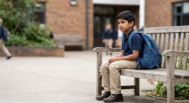 Indian schoolboy with blue backpack sitting alone on wooden bench outside school building. Thoughtful student waiting outdoors in schoolyard