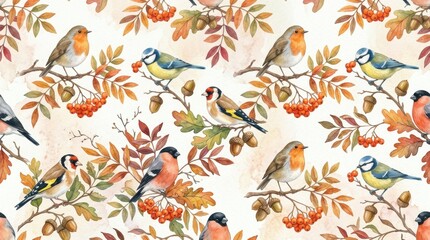 Fototapeta premium Robin bullfinch goldfinch birds seamless pattern, blue tit rowan berries oak leaves illustration, cream background woodland design. Autumn birdwatching theme