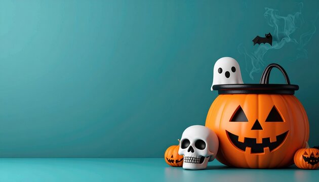 Halloween witches cauldron with pumpkin, ghost and skull, 3D Illustration