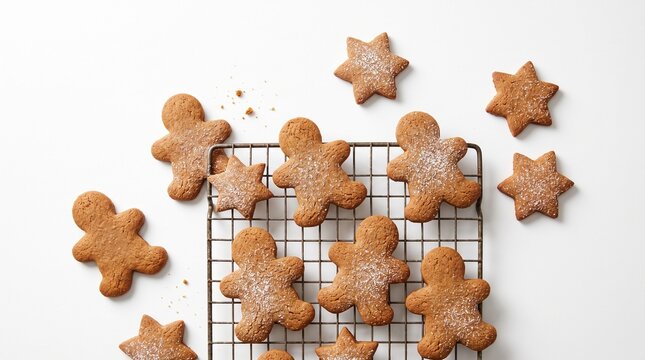 Freshly Baked Gingerbread Cookies Shaped Like People and Stars Sprinkled with Powdered Sugar